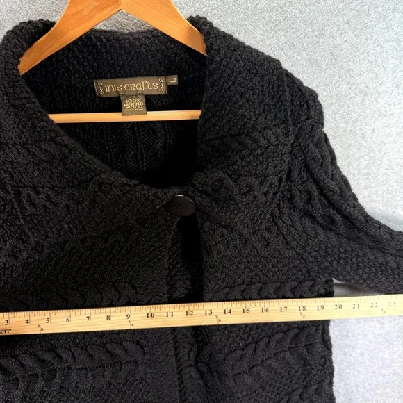 Vintage Inis Crafts Chunky Cardigan Sweater Women's Large Black Cable Knit Wool - Picture 5 of 8
